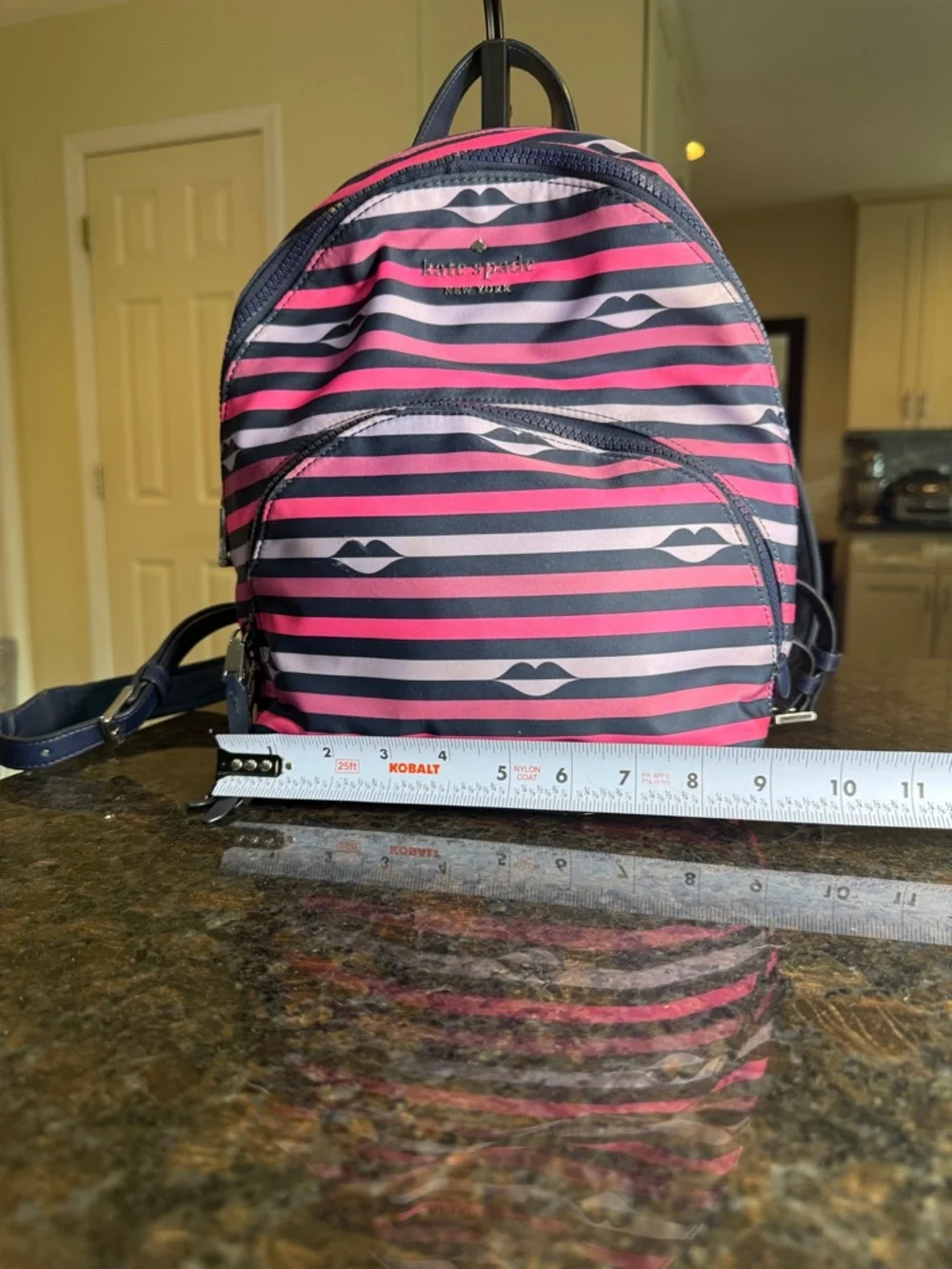 kate spade Navy & Pink Striped Mini Backpack with Lip Motif